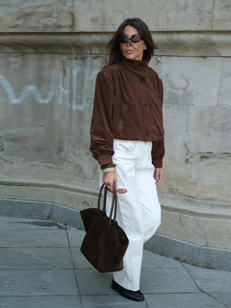 European and American cross-border 2025 Spring and Autumn Fashion New retro jacket coat, loose lapel short brown versatile top pic 7
