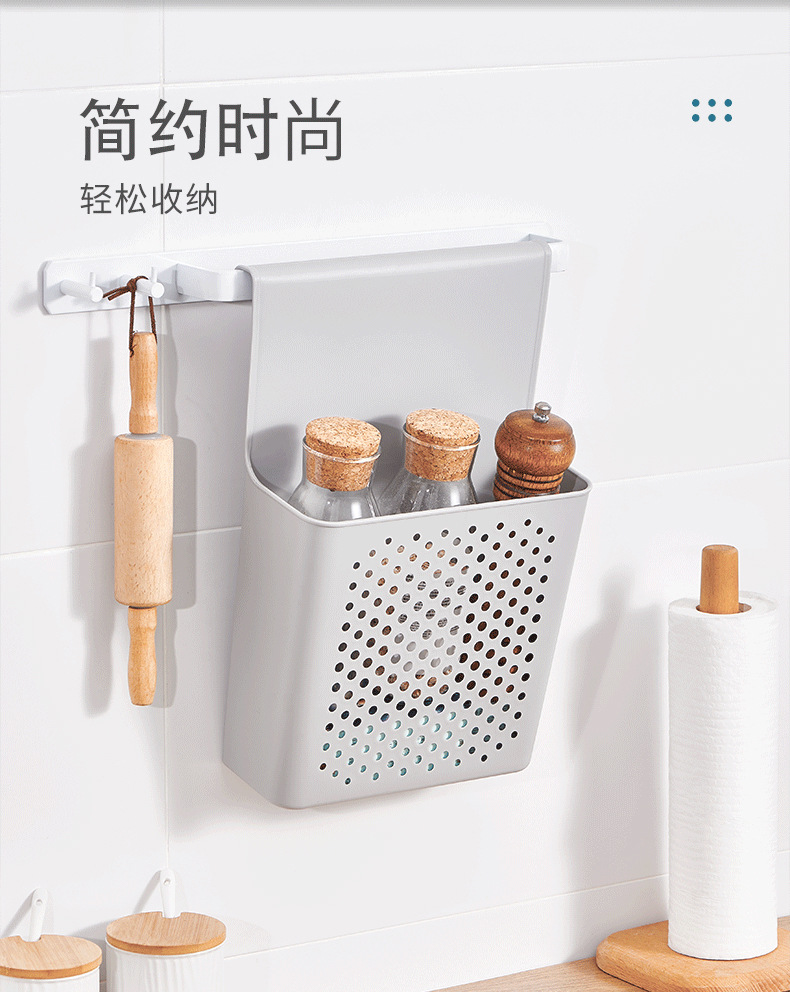 Kitchen plastic cabinet door wall-mounted storage rack, household wall-mounted trash can without drilling, bathroom storage basket storage rack pic 5