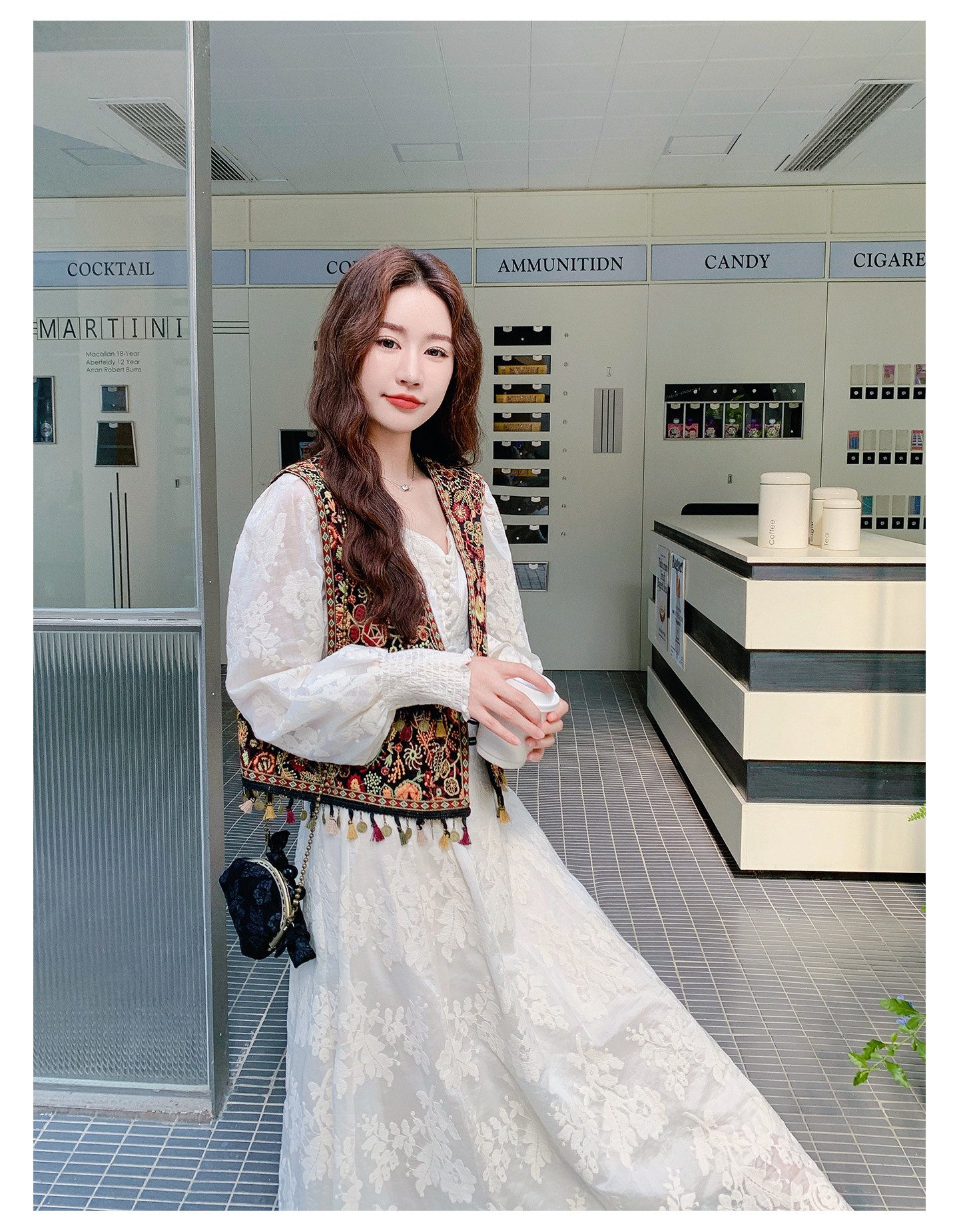 Real shot Bohemian fringed vest jacquard long dress two-piece set 2025 autumn collection lace patchwork V-neck dress pic 22