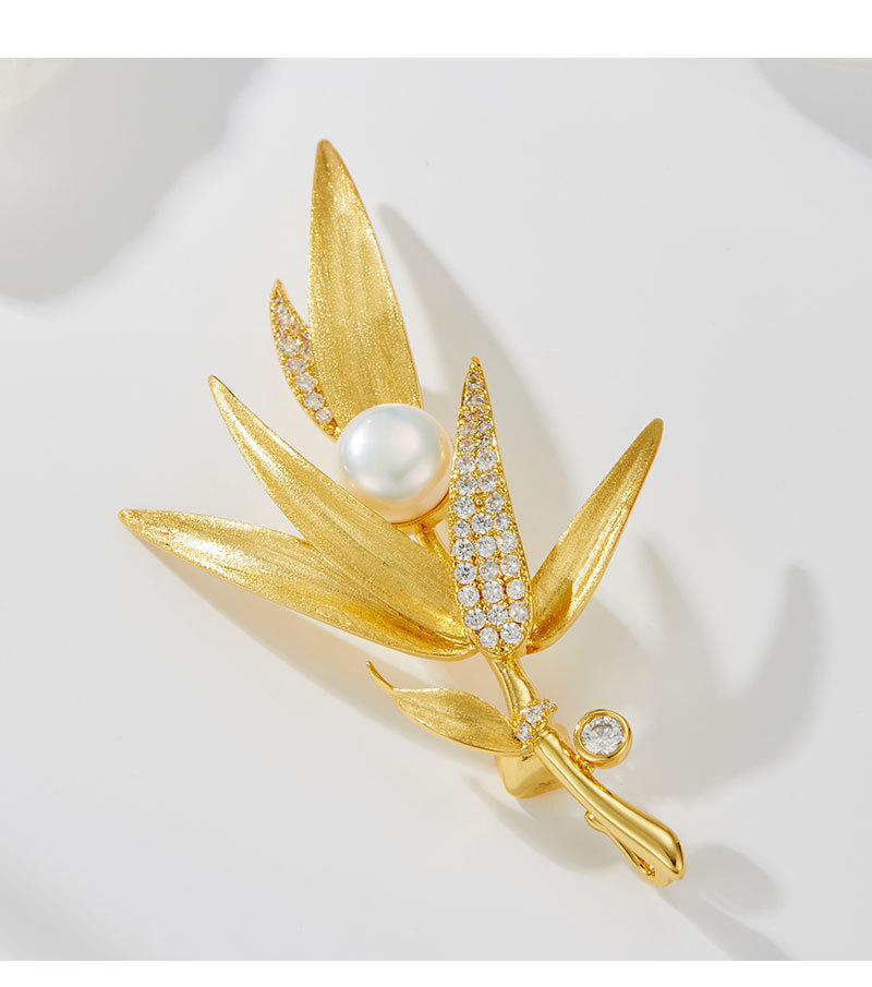 原创设计国风轻奢金色拉丝竹叶胸针铜合金镶锆淡水珍珠高级感别针详情20