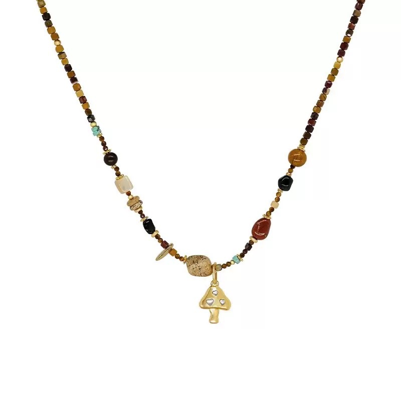 春夏新款日出蘑菇天然石彩色串珠项链小众设计叠戴复古毛衣锁骨链详情6