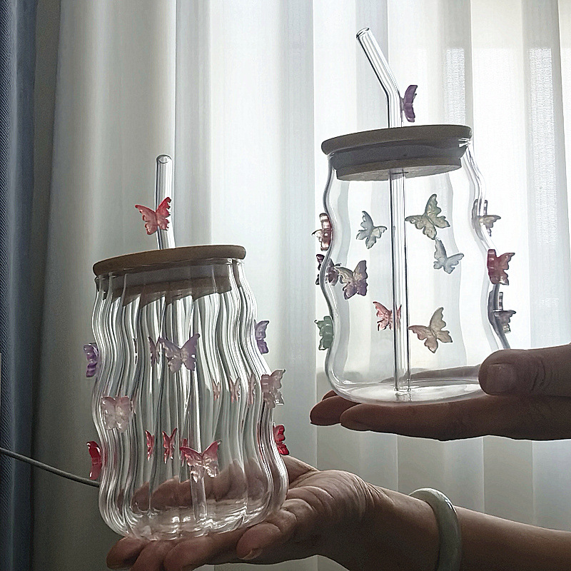 Bow-shaped high borosilicate glass cup, iced Americano latte coffee cup, chubby breakfast milk cloud glass cup pic 1