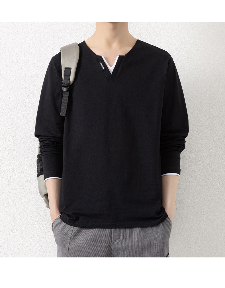 Two V-neck long-sleeved T-shirts for men, a thin spring and autumn top, pure cotton outerwear, a long Johns, a sweatshirt, and a casual base layer pic 25