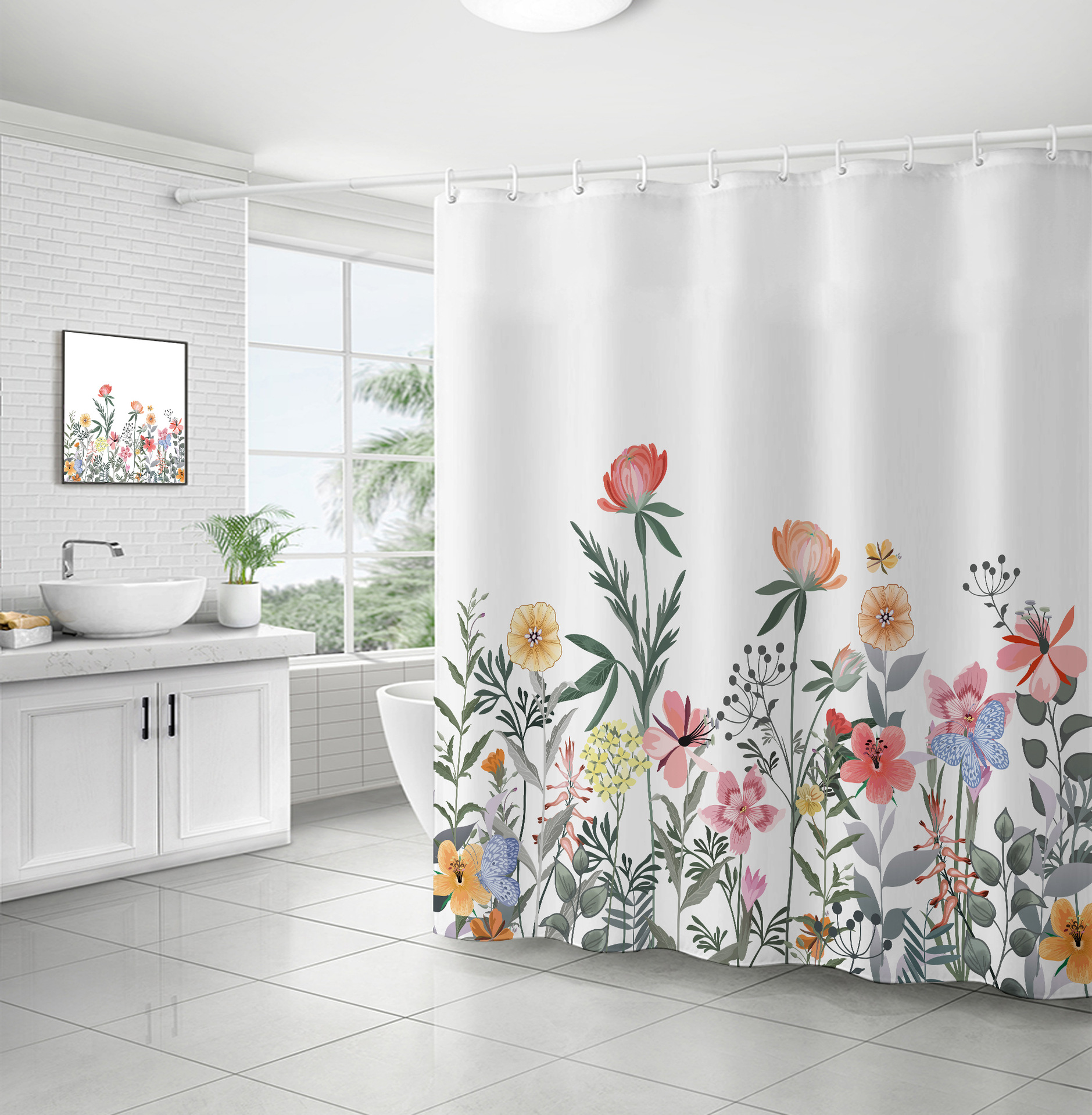 Cross-border direct sales of flower and plant bath curtains, fresh and simple floral waterproof and moisture-proof polyester isolation curtains pic 20