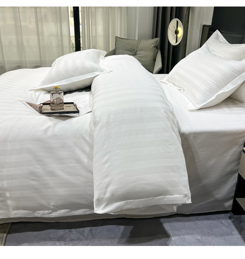 Light luxury satin hotel bedding, white ecological brushed four-piece set, hotel guest bed cover, bed sheet and bed hat style pic 8