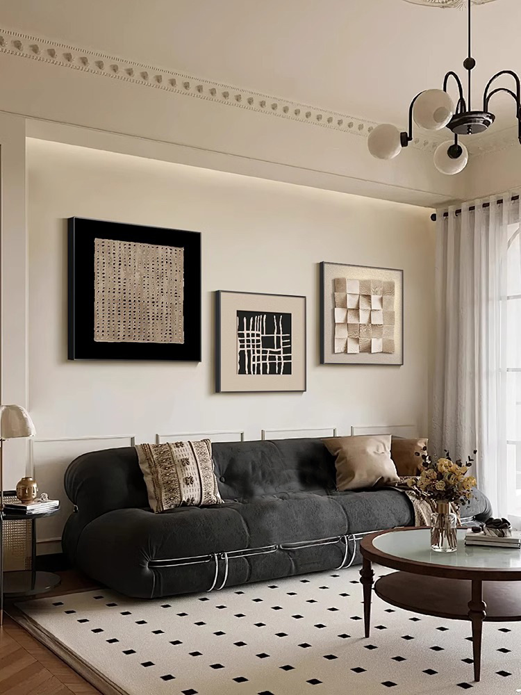 原木侘寂风客厅装饰画高级感现代沙发背景墙三联挂画抽象几何壁画详情7