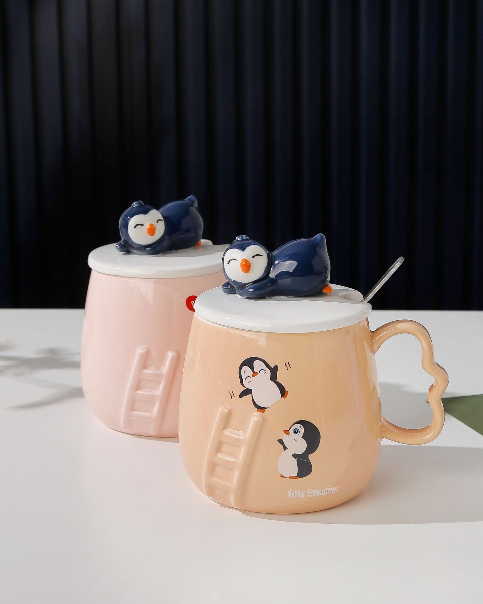 Ceramic cup with lid, creative cartoon three-dimensional relief penguin mug, office home, student gift and souvenir pic 5