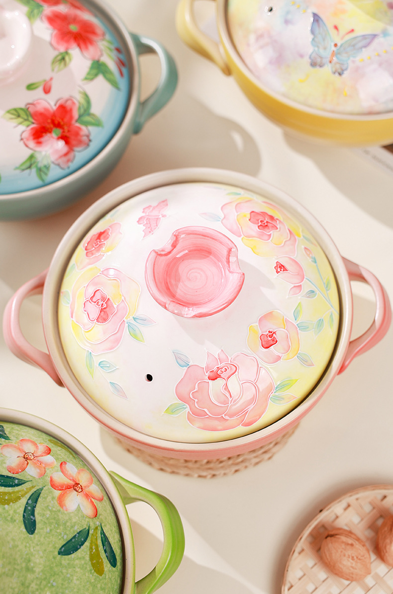 Tao Bao Wang hand-painted pile color clay pot, high-temperature resistant ceramic soup pot, household soup stewing ceramic pot with underglaze color relief pic 20