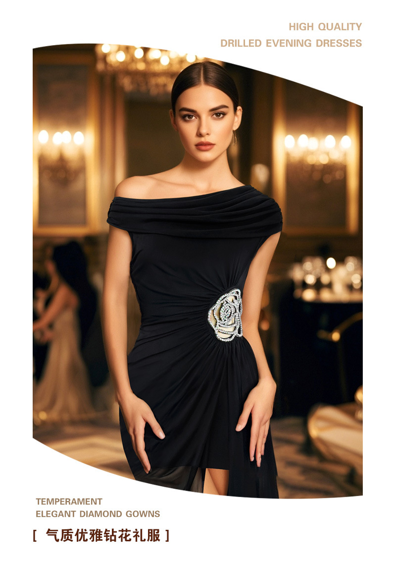 御姐风女装2025春夏斜肩花朵高品质大牌Elegant连衣裙派对小礼服详情4