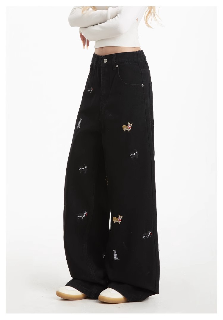 Light-colored high-waisted straight-leg jeans for women, 2025 new embroidered American retro washed wide-leg loose floor-length pants pic 16