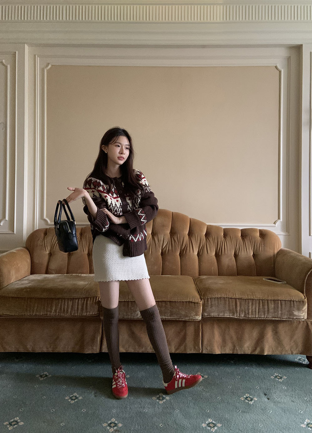 费尔岛复古美式少女撞色波普提花单排扣针织开衫厚实保暖毛衣外套详情36