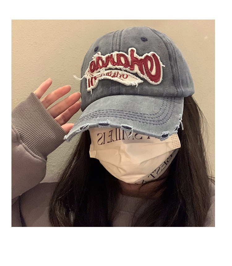 American retro distressed baseball cap for women, washed-out, ripped denim wide-brimmed baseball cap, face-showing small cap pic 6