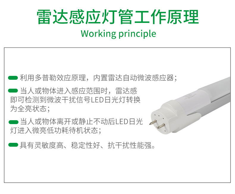 Wholesale of led tube garage lights, human body infrared microwave sensing energy-saving fluorescent lamps, t8 radar sensing tubes pic 14