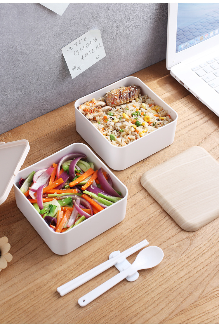 Creative wood-grain square double-layer strap lunch box, travel layered insulated bento box, pp microwave-safe preservation box pic 21