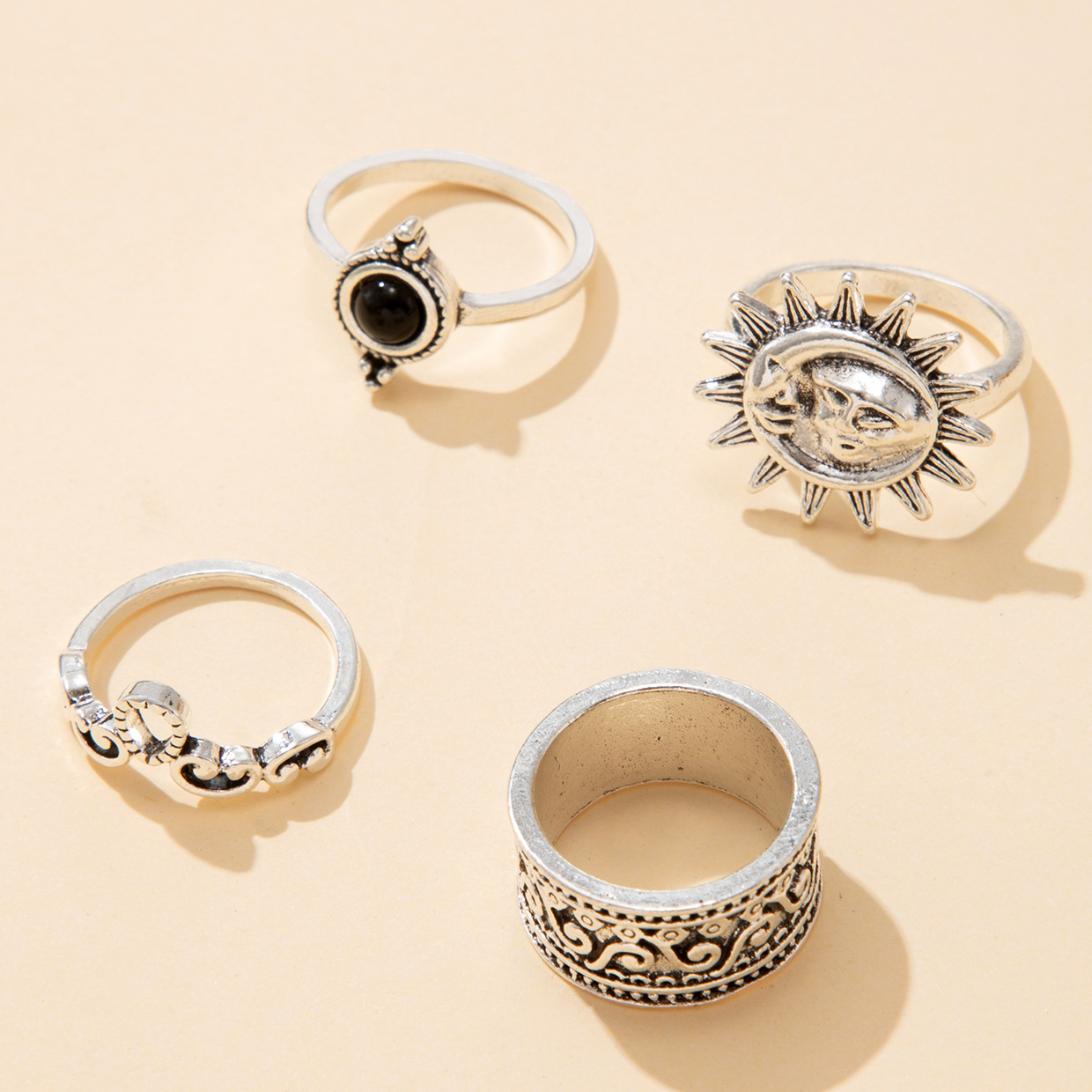 跨境时尚首饰 复古雕花太阳羽毛十字架黑色宝石戒指多件套装组合详情4