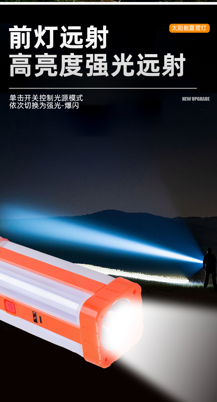 新款跨境太阳能手提式可充电4面发光野营灯大容量应急灯移动充电详情5