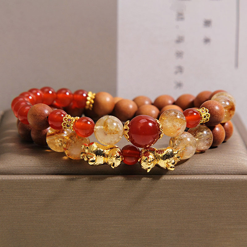 Natural red agate and agarwood double-ring bracelet for women, light luxury, niche and high-end feel, yellow tower crystal wealth attraction cat bracelet pic 1