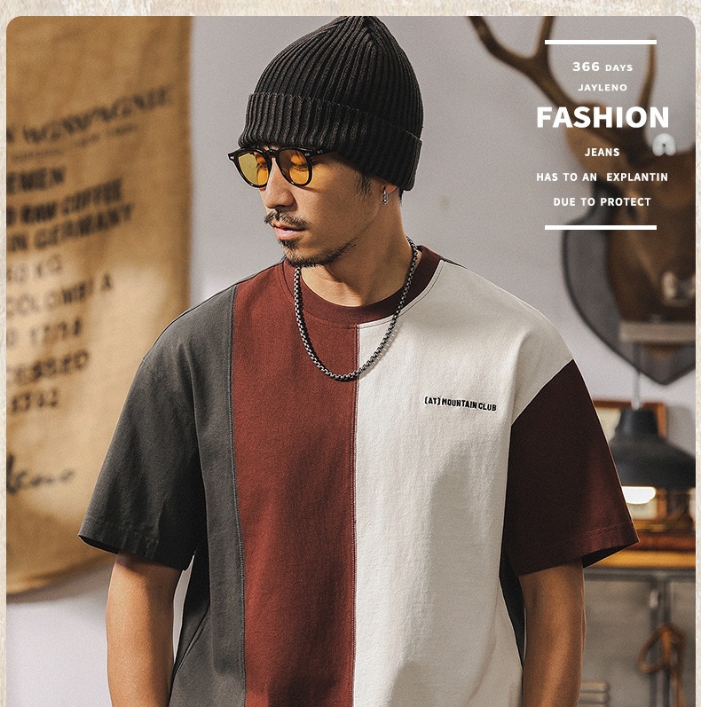 拼接撞色设计短袖男夏季2025新款美式复古重磅T恤男纯棉宽松上衣详情1