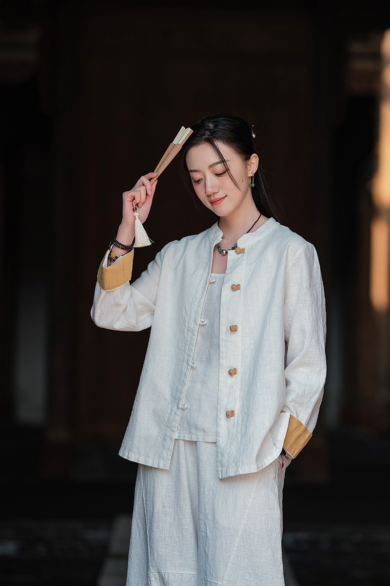 国潮中式棉麻女装拼色盘扣衬衫复古亚麻上衣茶服女禅意中山装国风开衫详情7
