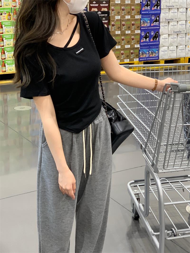 不规则设计感短袖T恤女夏季韩版2023新款辣妹风欲白色打底上衣详情9