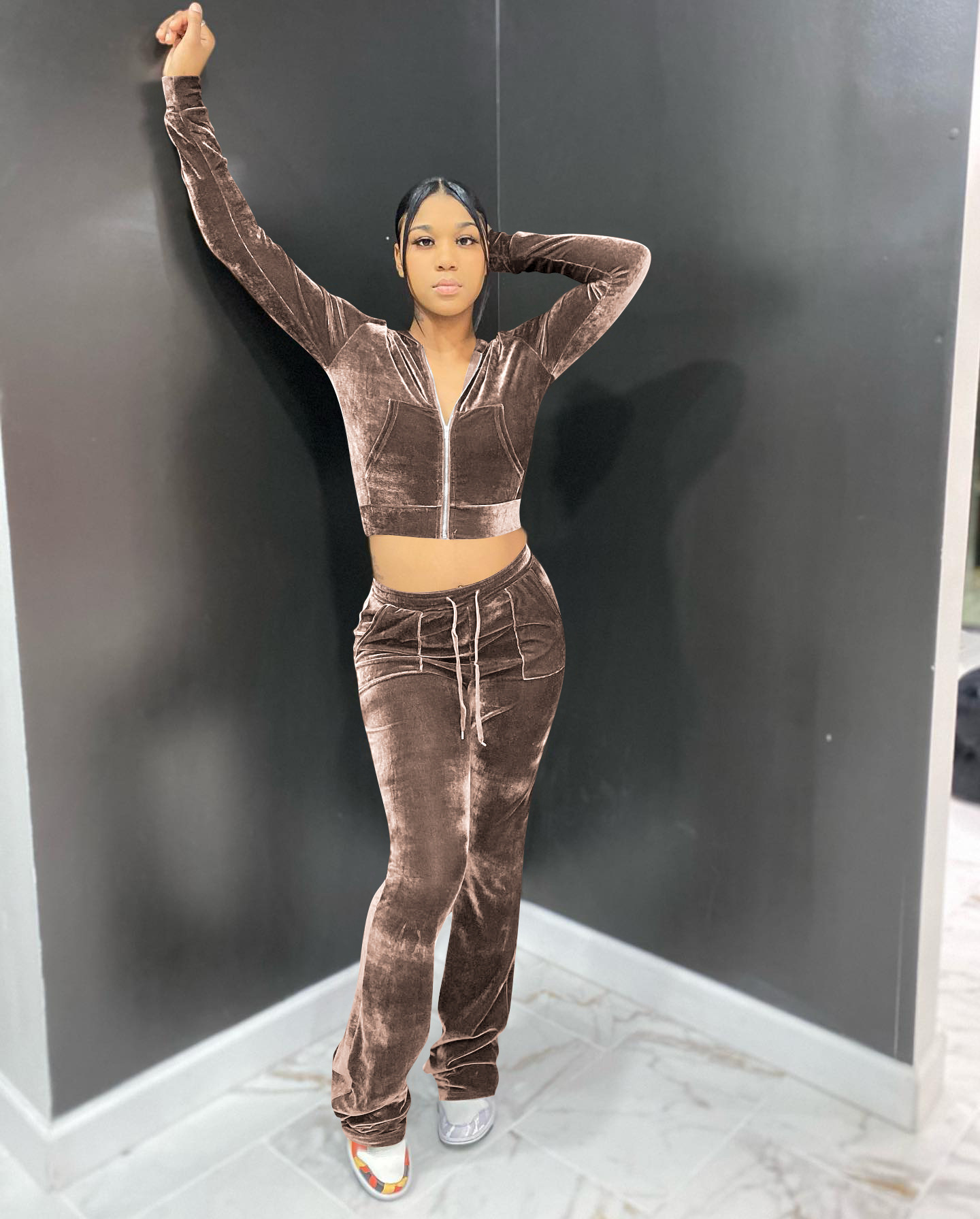 Solid color gold velvet wide-leg pants two-piece set pic 115