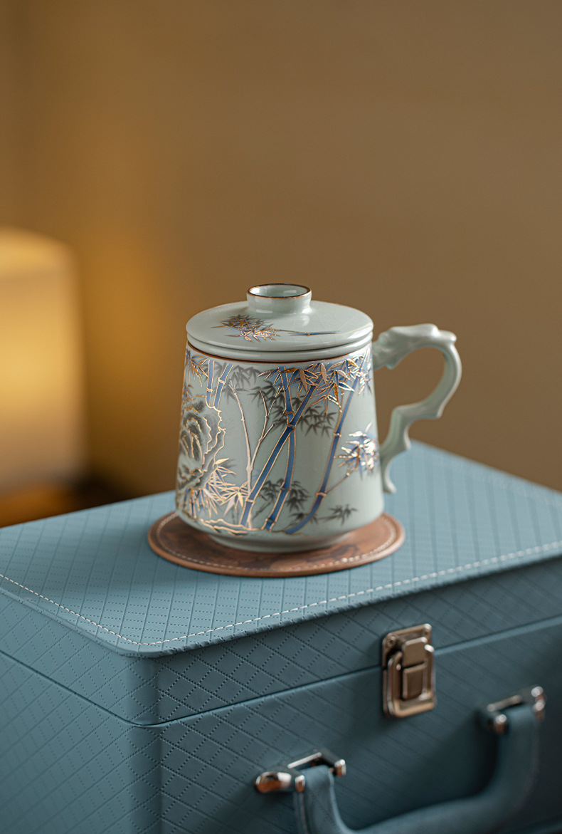 Rongshantang Gilded Ru Kiln office cup, Ceramic belt filter Ru Kiln tea cup, tea-water separation business conference tea cup pic 7