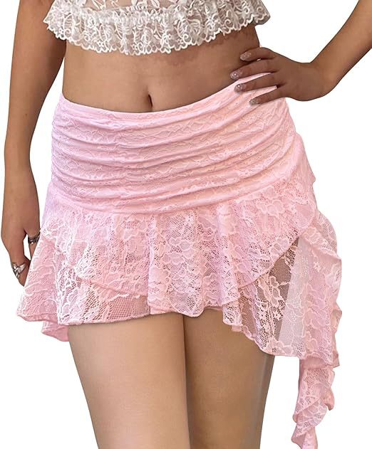 2026 Y2K Lace mini skirt, low-waisted pleated ruffled short skirt, layered flowing asymmetrical half skirt pic 15