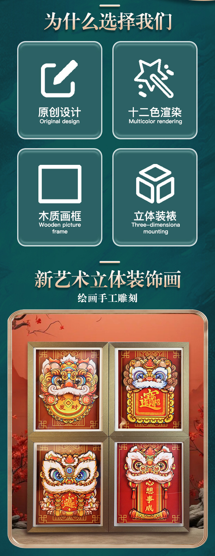 10寸国潮恭喜发财醒狮3D立体相框摆台乔迁节庆家居摆件diy剪纸画详情3