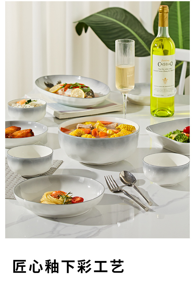 釉下彩2025新款石纹浅灰高级感陶瓷碗碟套装简约家用饭碗盘子勺子详情16