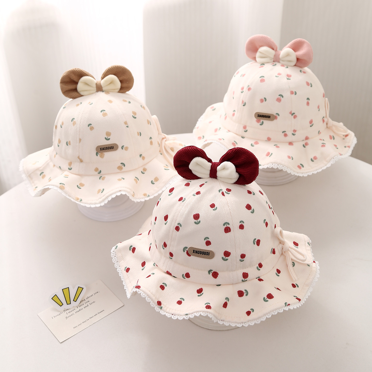 婴儿帽子春秋季花朵蝴蝶结女童渔夫帽冬天可调节防风遮阳宝宝盆帽详情1