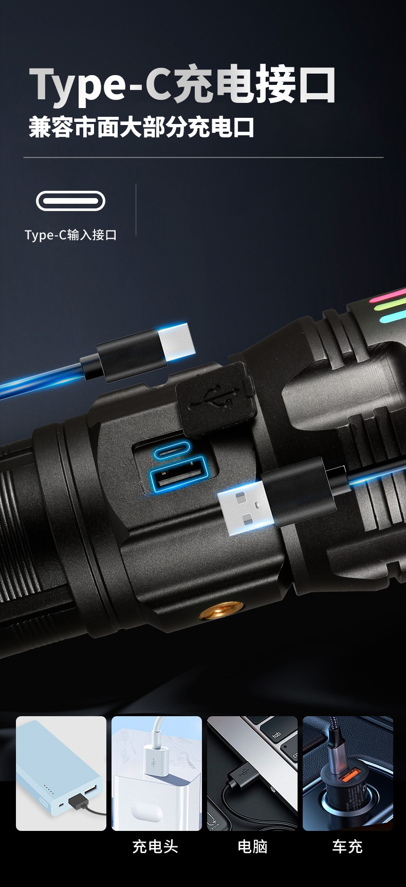 Cross-border high-intensity long-range zoom flashlight, white laser, outdoor patrol and exploration multi-functional portable flashlight with fluorescence pic 16