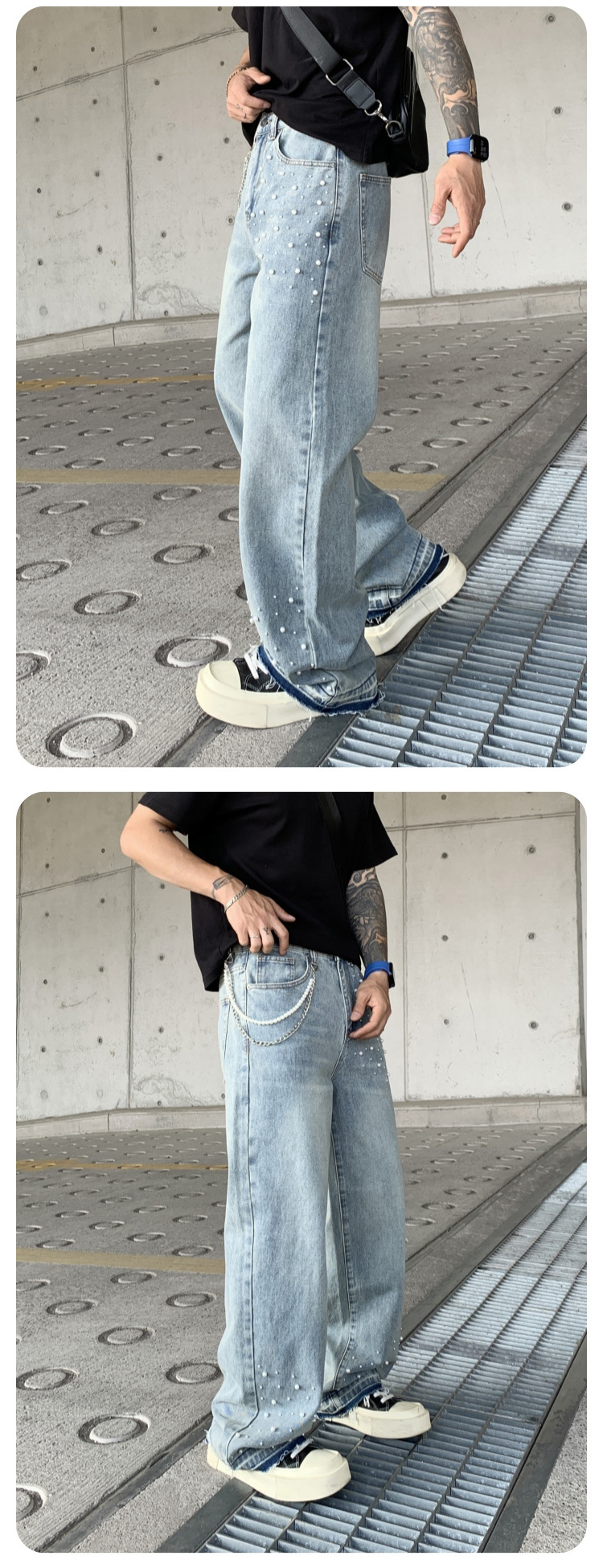 Cross-border Parisian style beaded jeans for men, 2025 new trendy streetwear brand loose straight-leg wide-leg pants for men pic 8