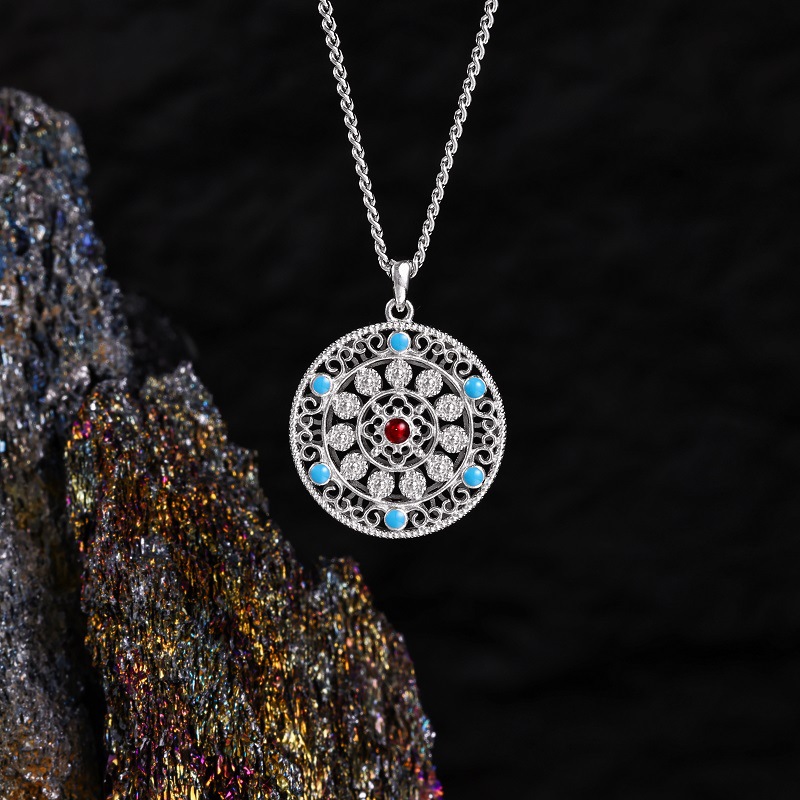 s925 Pure silver Eight-treasure Compass necklace, ancient collarbone chain, New Chinese style auspicious Moissanite accessory pic 21