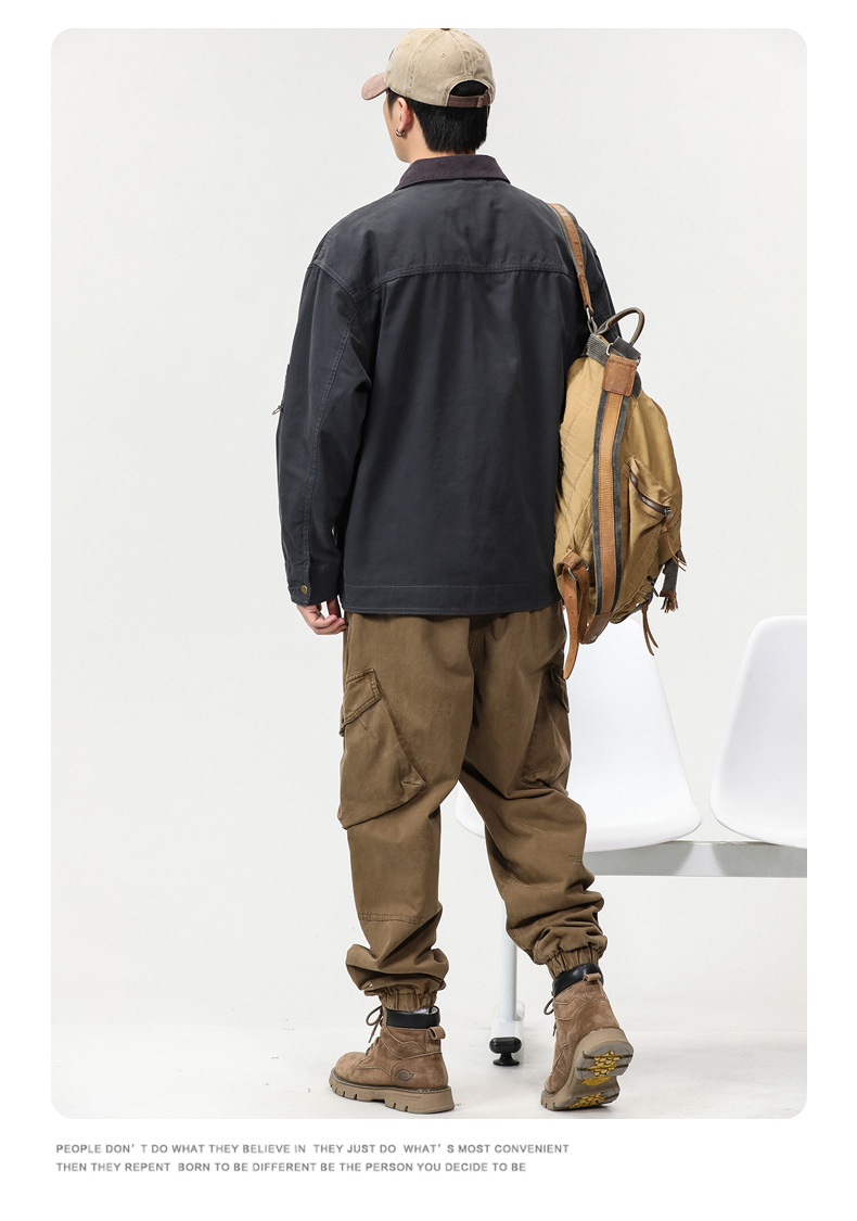 沐丘男装∣潮牌山系户外翻领宽松工装夹克男高级感珠帆布美式外套详情15