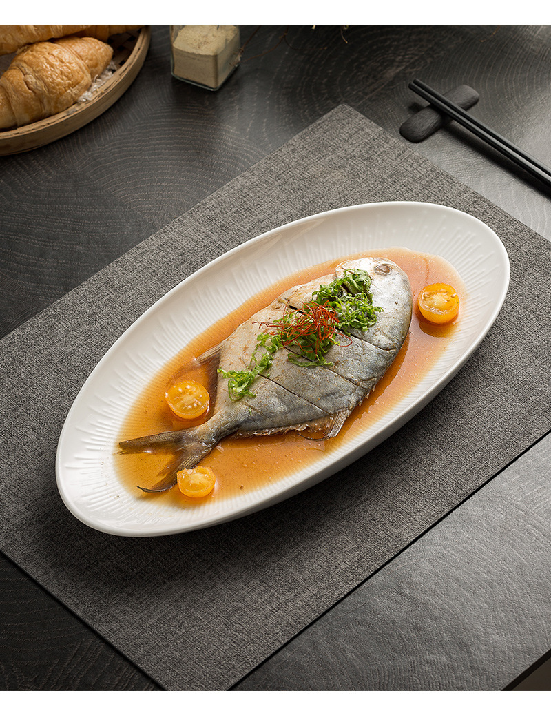 White porcelain high-end fish plate, restaurant cold dish plate, dain-shaped arrangement plate, hotel seafood plate, home high-temperature resistant steamed fish plate pic 17