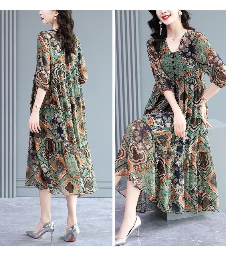 时尚气质中老年女装2023夏季新款大码宽松显瘦复古印花短袖连衣裙详情16