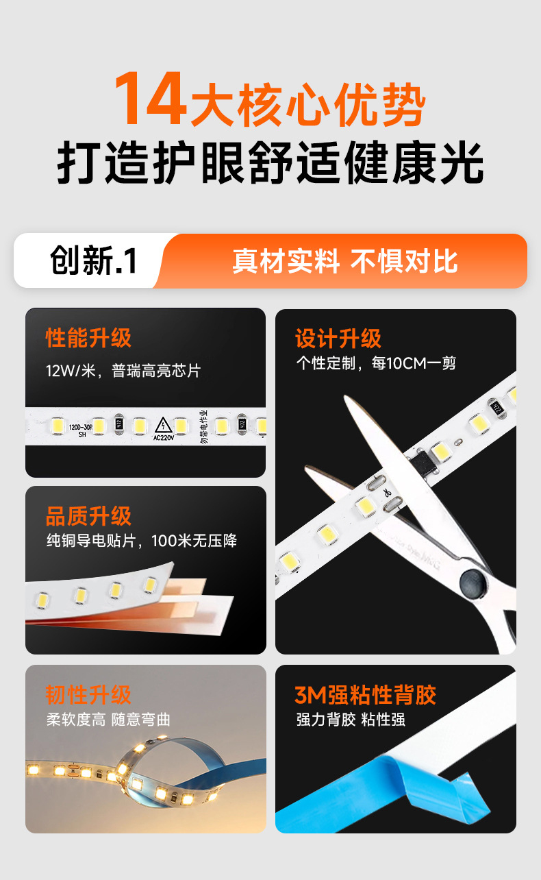 220v直连led灯带吊顶线灯贴片线条灯展示柜免走线自粘灯条高亮度详情3
