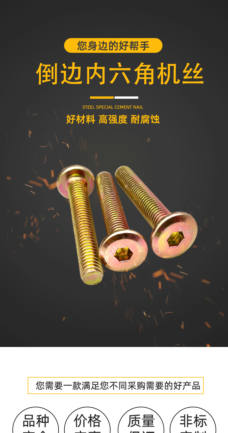 海耐斯彩锌倒边内六角螺丝平头斜边内六角家具螺丝合板组合螺钉详情1
