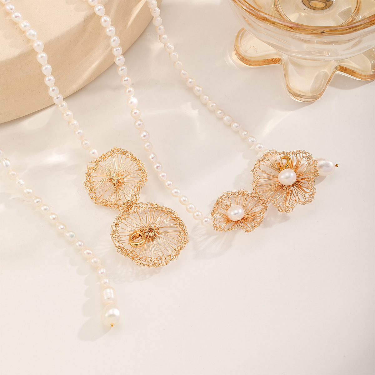 娜莎跨境专供淡水珍珠项链配饰女铜丝手工编制双生花项链女不掉色详情7