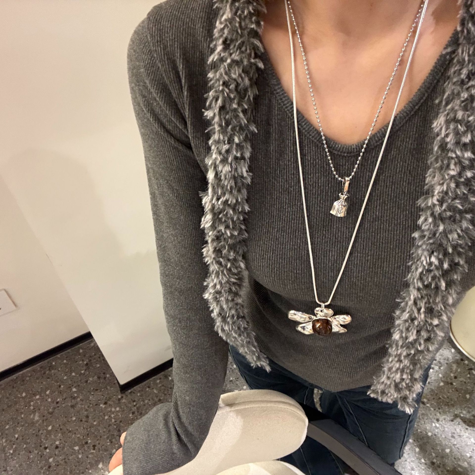 跨境专供亚马逊钛钢项链长款钱袋项链花朵仿古时尚百搭毛衣链项链详情10