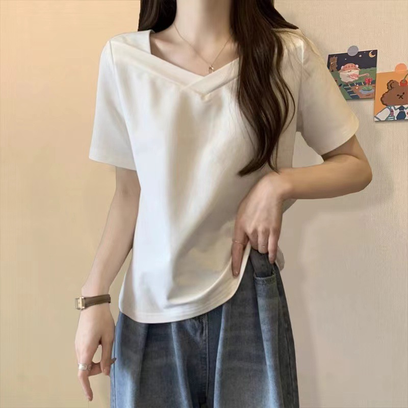 V领短袖t恤女2024夏季新款宽松显瘦纯色学生辣妹露锁骨上衣设计感详情9