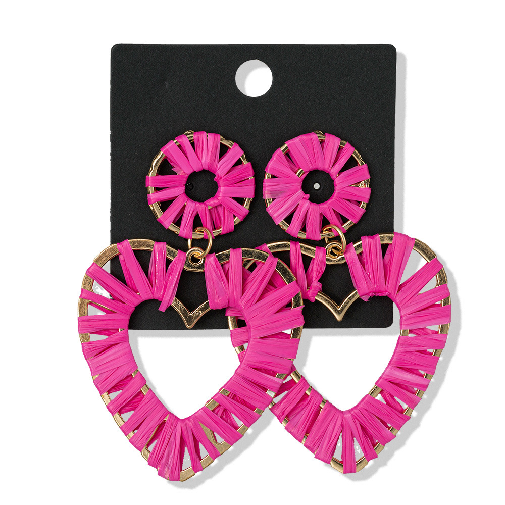 厂家直供欧美潮流气质拉菲草手工编织夸张爱心长款度假风耳环女饰品耳饰详情6