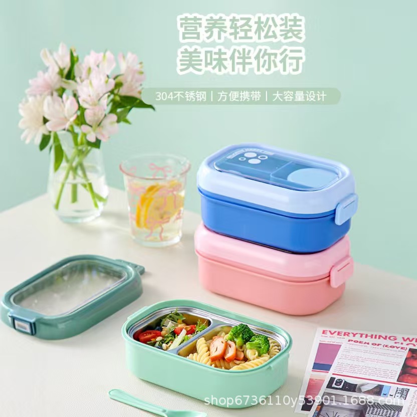 Student Japanese-style 304 stainless steel lunch box with compartments, office worker plastic lunch box with tableware pic 1