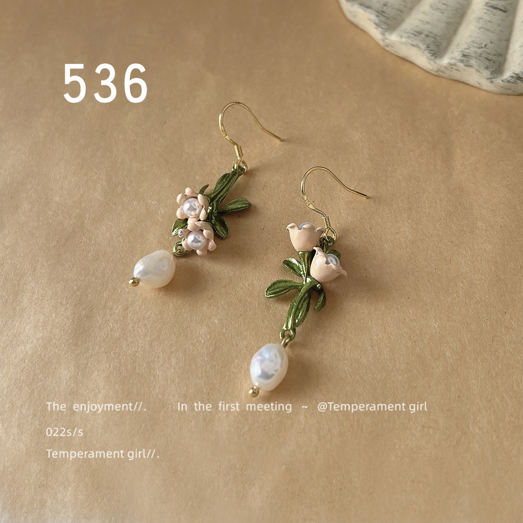 Freshwater pearl 925 silver needle asymmetrical handcrafted design, lily of the valley earrings, French high-end style, earrings factory pic 8