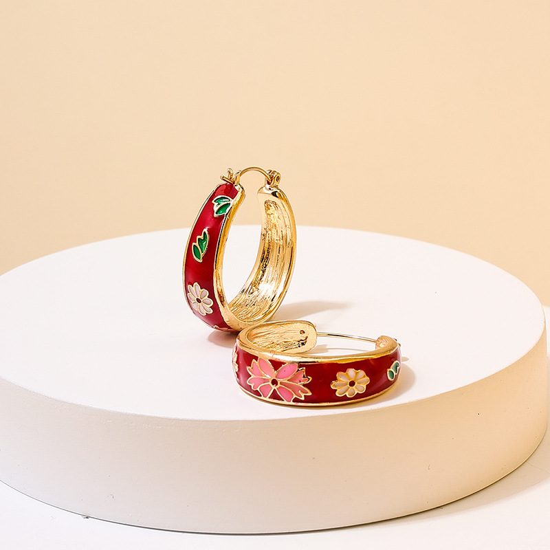 欧美精致复古时尚潮人圆圈耳扣微镶彩色百搭设计感花朵女士耳环详情6