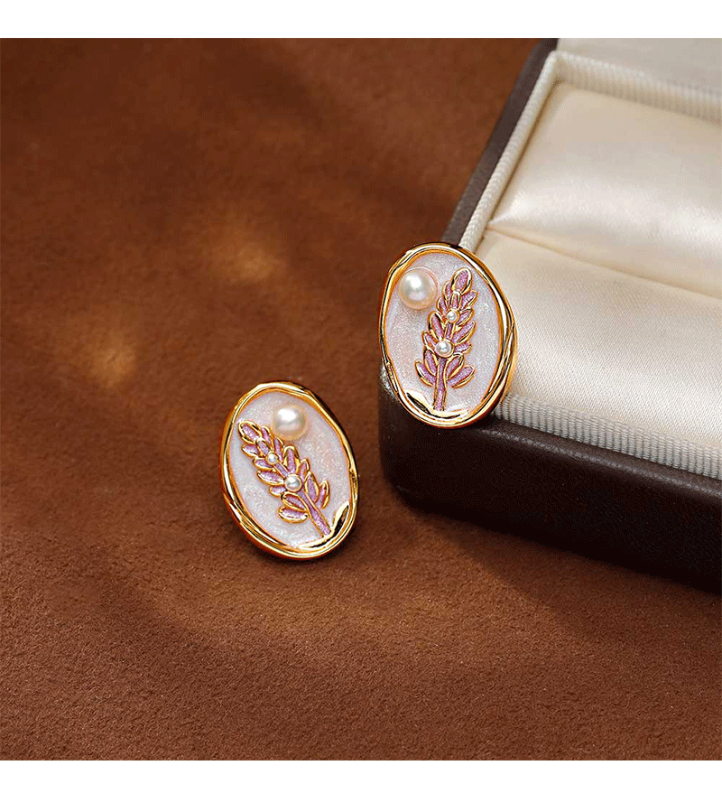 Hyacinth enamel pearlescent drop glaze oval Earrings, live-streaming bestsellers pearl earrings, French retro style oil painting wheat ear earrings pic 5