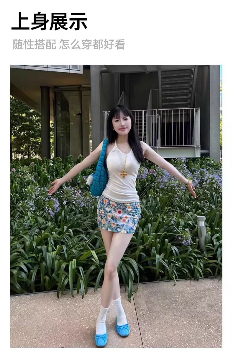 油画碎花包臀裙a字半身裙女夏2025新款小个子蓝色多巴胺绝美短裙详情14
