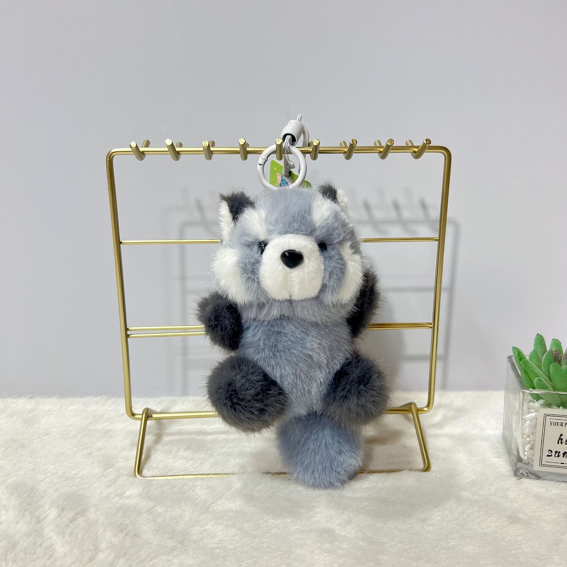 Cute sitting raccoon, Golden Man, mink fur cat doll pendant, long-haired bear plush toy, keychain, schoolbag hanger pic 7
