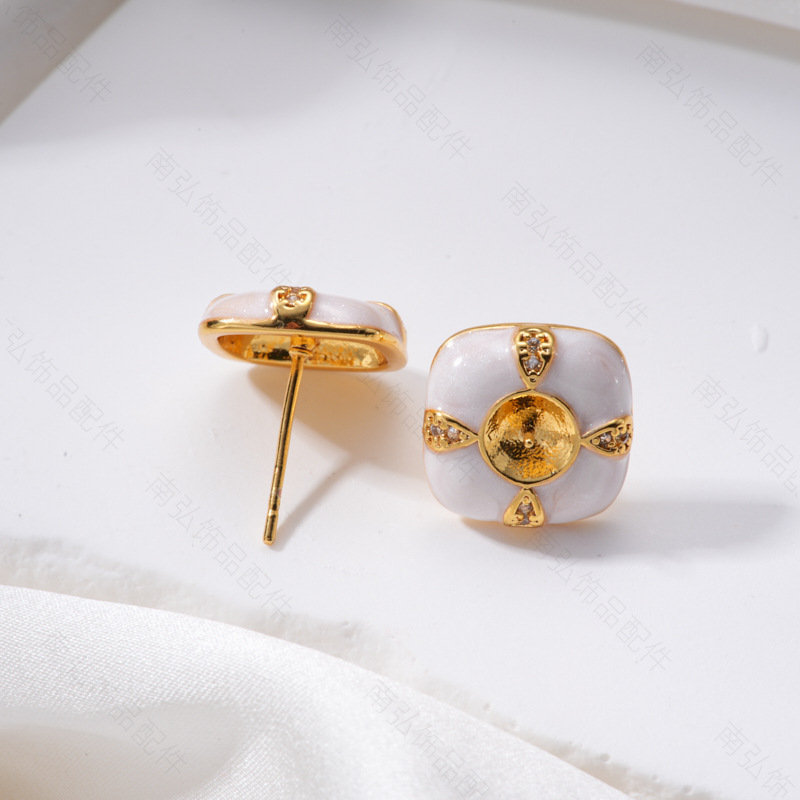 Pearl ring, earneedle pendant, three-piece set, empty stand, retro square oil drip design, DIY, light luxury, high-end style, flower pic 6