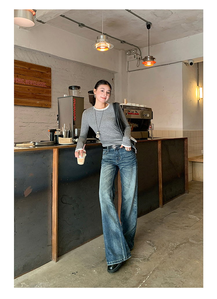 【今茵】新款美式复古水洗做旧中低腰无弹微宽松喇叭拖地牛仔裤女详情15